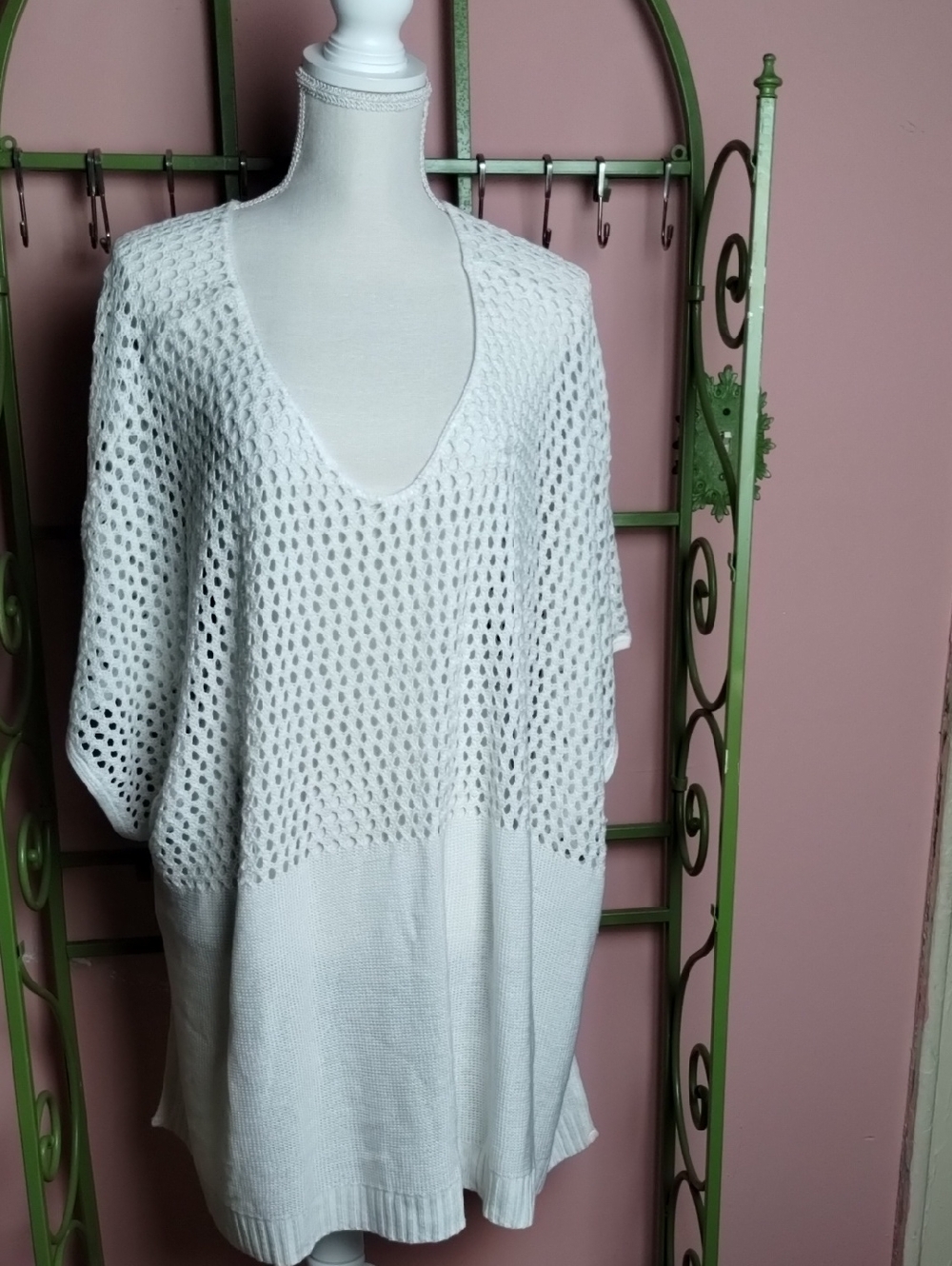 Ashley Stewart White Open-Knit V-Neck Tunic Sweater